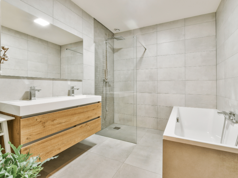 modern bathroom curbless shower bamboo vanity